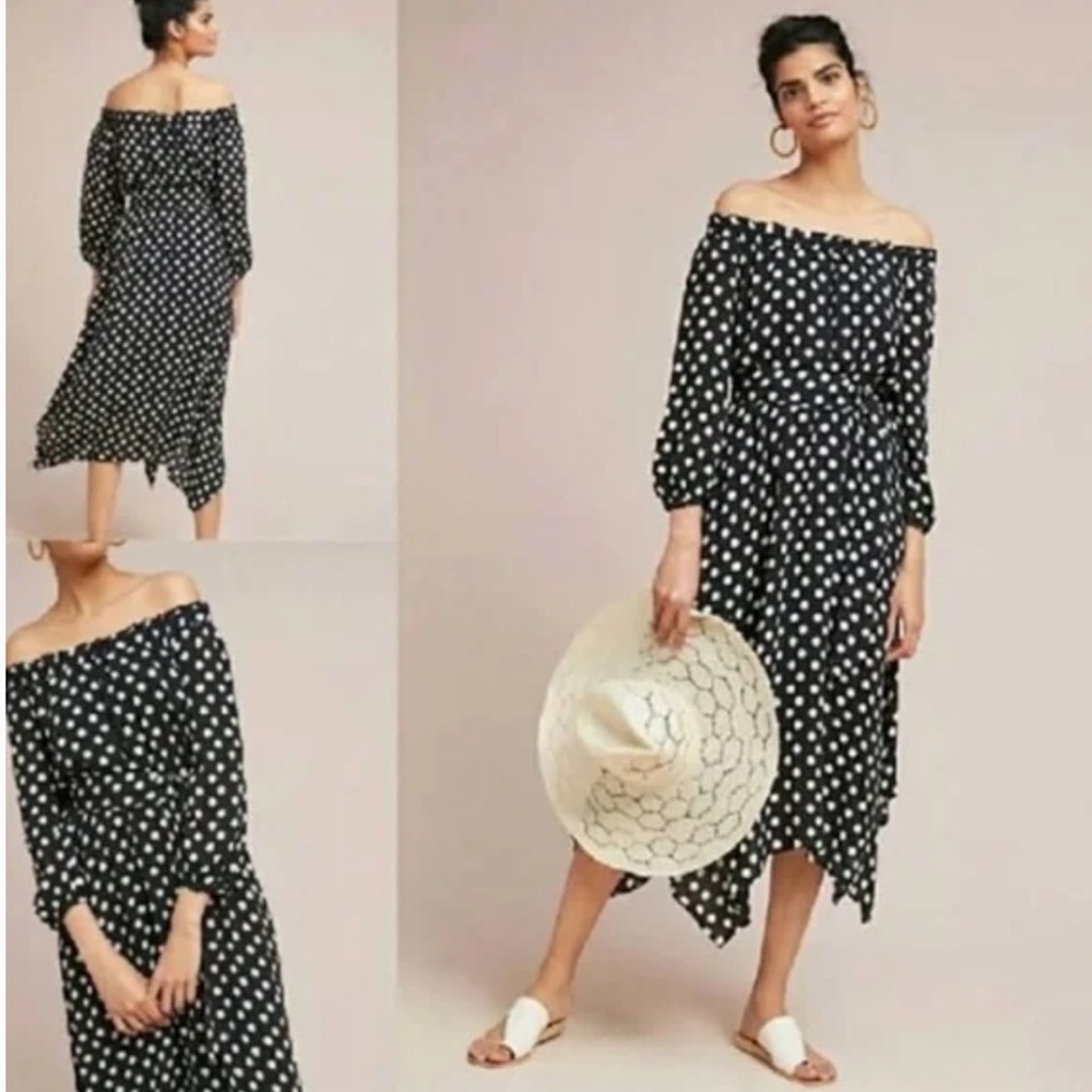 Maeve polka dot asymmetrical off shoulder dress; size 6p